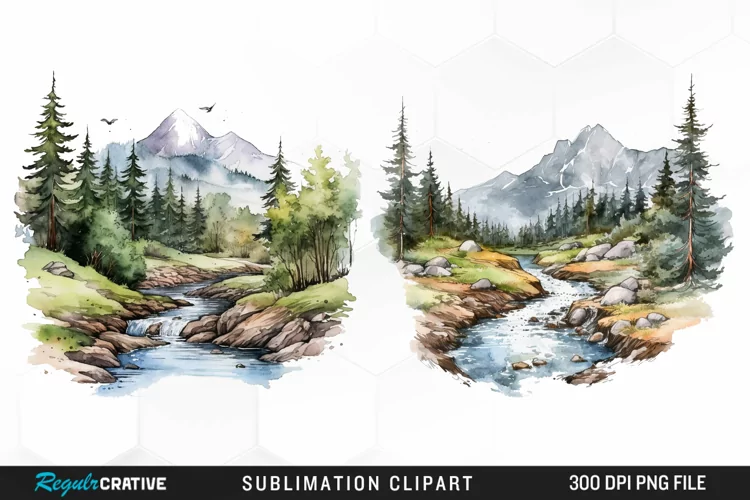 Watercolor Mountain Creek Landscape Graphic Clipart