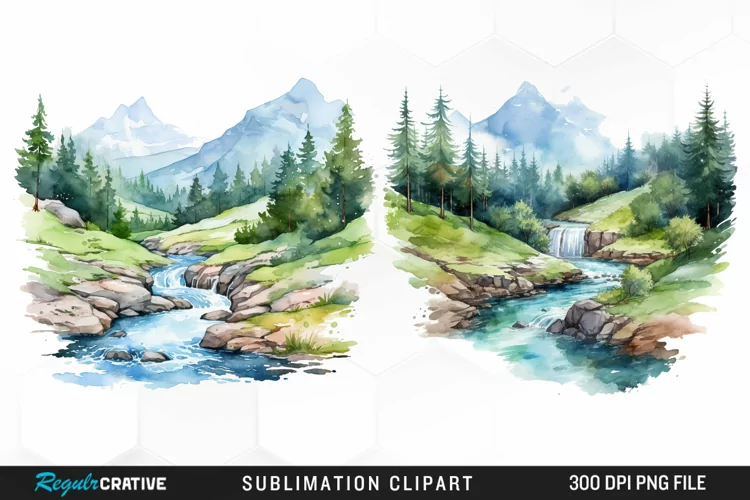 Watercolor Mountain Creek Landscape Graphic Clipart