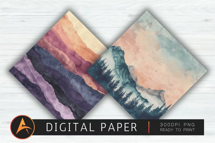 Watercolor Mountain Views Digital Paper PNG