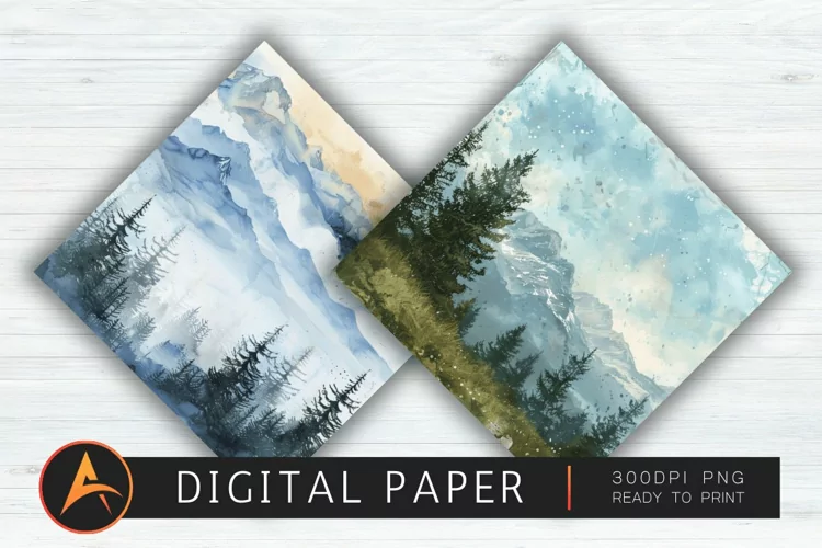 Watercolor Mountain Views Scrapbook Paper