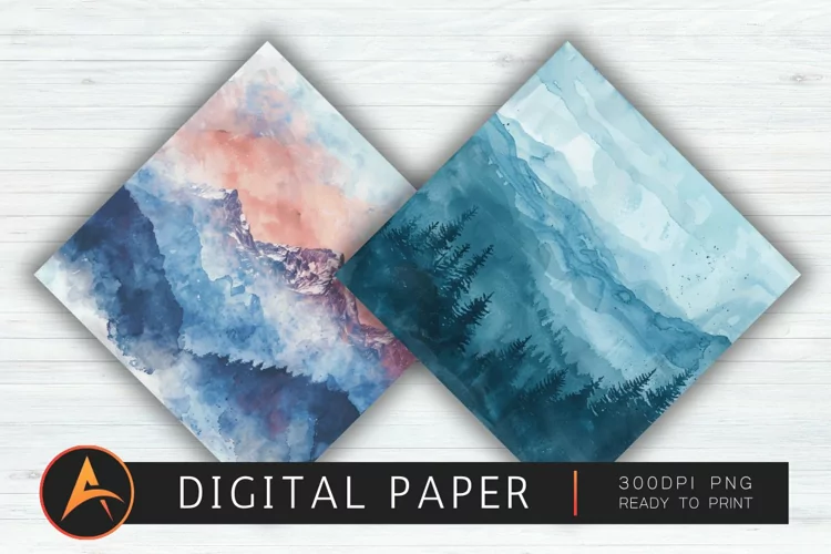 Watercolor Mountain Views Digital Paper PNG