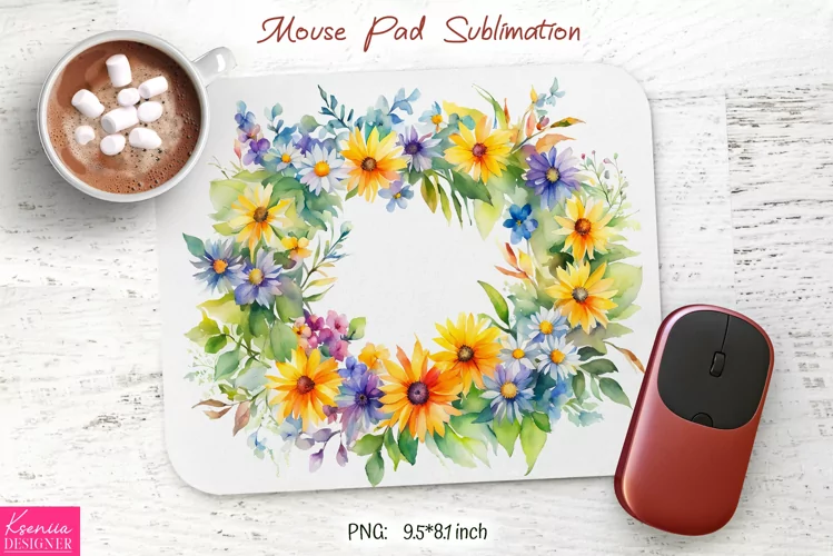 Watercolor Flower Wreath Design|Flower Mouse Pad Sublimation