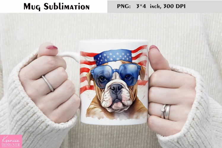 Watercolor Bulldog Mug Sublimation|Patriotic Dog