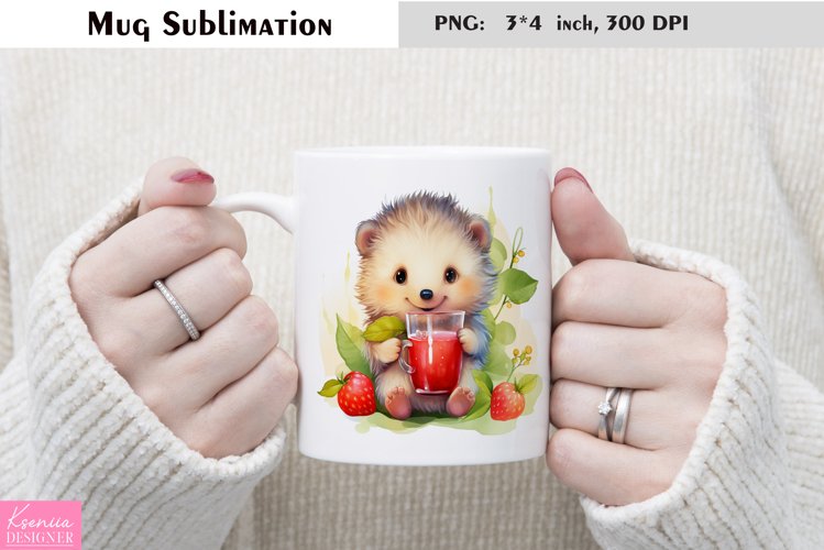 Watercolor Hedgehog with Strawberry Mug Sublimation example image 1