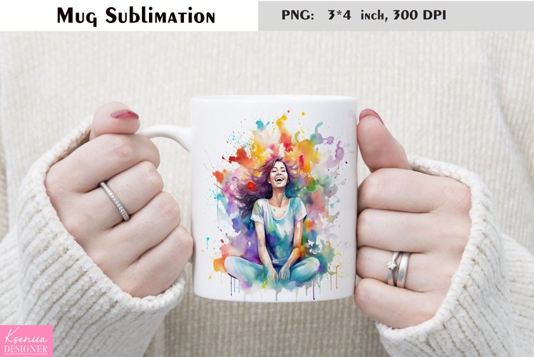 Watercolor Woman Mug Sublimation|Happy Mug Design example image 1