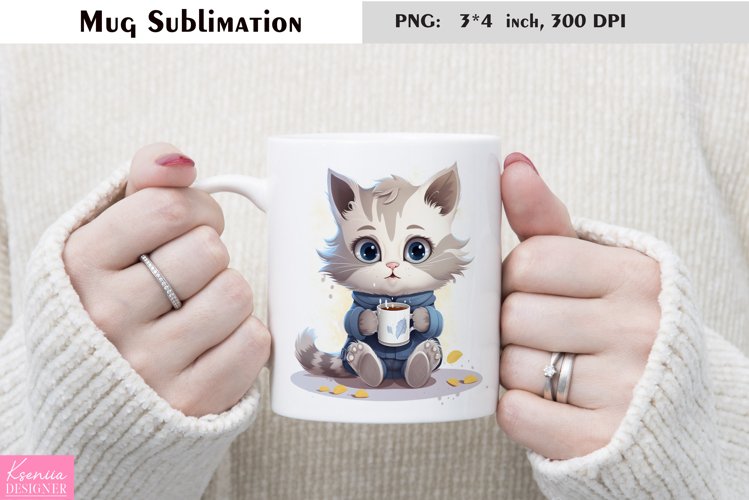 Watercolor Cat Mug Sublimation|Cartoon Animal Mug Design