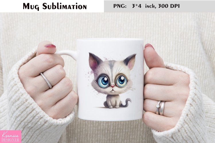 Watercolor Cat Mug Sublimation|Cartoon Animal Mug Design