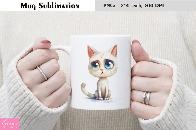 Watercolor Cat Mug Sublimation|Cartoon Animal Mug Design