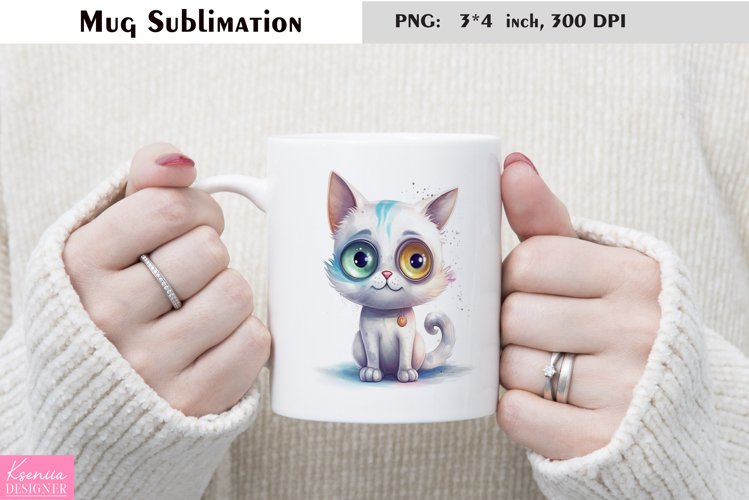 Watercolor Cat Mug Sublimation|Cartoon Animal Mug Design