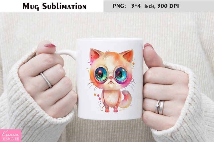 Watercolor Cat Mug Sublimation|Cartoon Animal Mug Design
