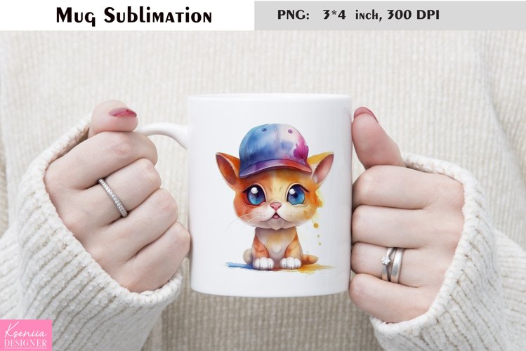 Watercolor Cat Mug Sublimation|Cartoon Animal Mug Design