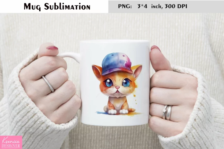 Watercolor Cat Mug Sublimation|Cartoon Animal Mug Design