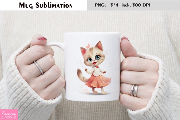 Watercolor Cat Mug Sublimation|Cartoon Animal Mug Design