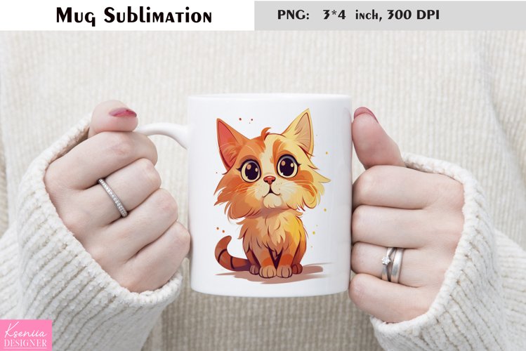Watercolor Cat Mug Sublimation|Cartoon Animal Mug Design
