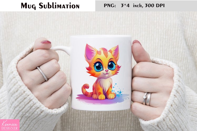 Watercolor Cat Mug Sublimation|Cartoon Animal Mug Design