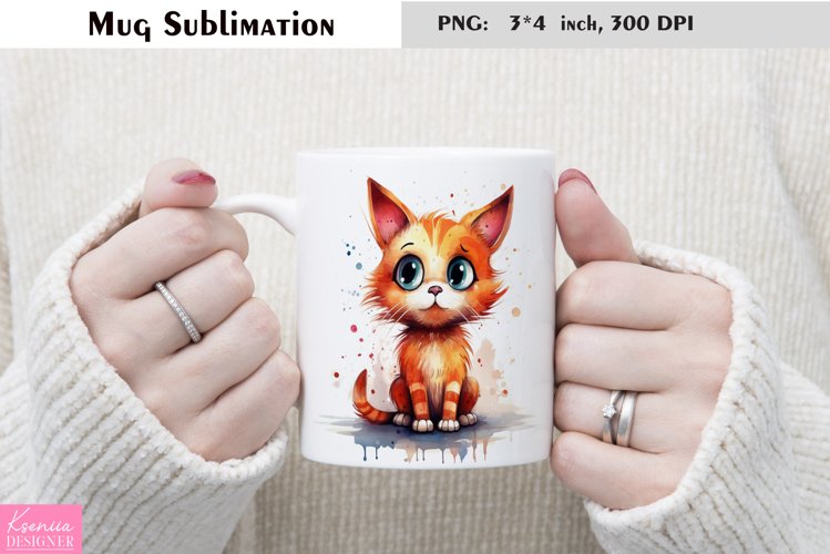 Watercolor Cat Mug Sublimation|Cartoon Animal Mug Design