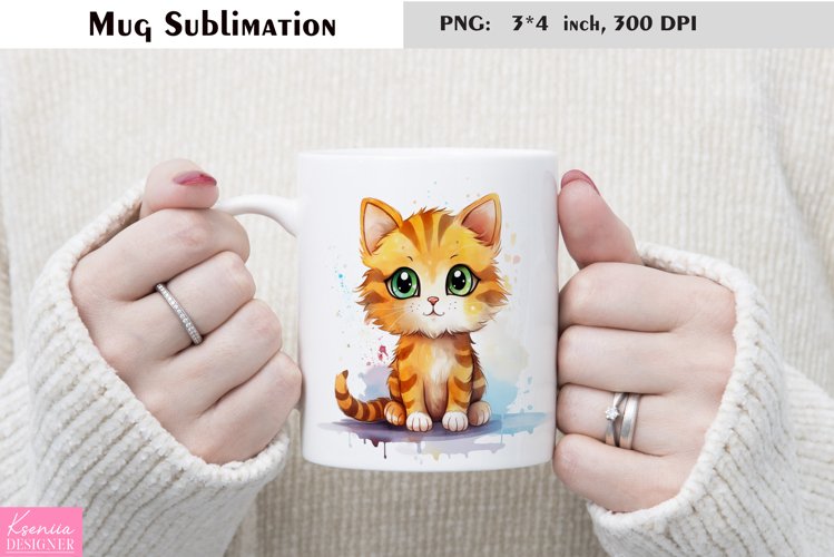 Watercolor Cat Mug Sublimation|Cartoon Animal Mug Design