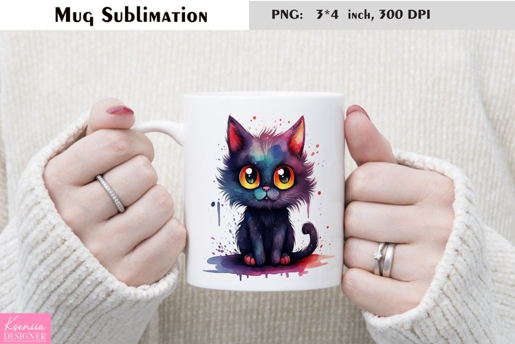 Watercolor Cat Mug Sublimation|Cartoon Animal Mug Design