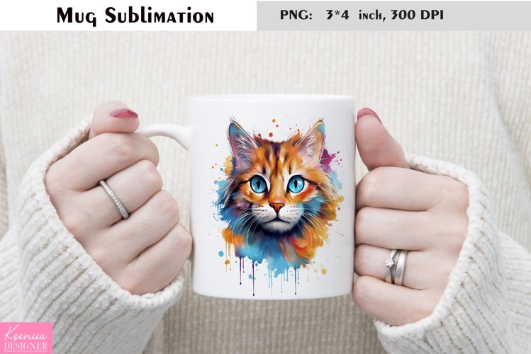 Watercolor Cat Mug Sublimation|Cartoon Animal Mug Design