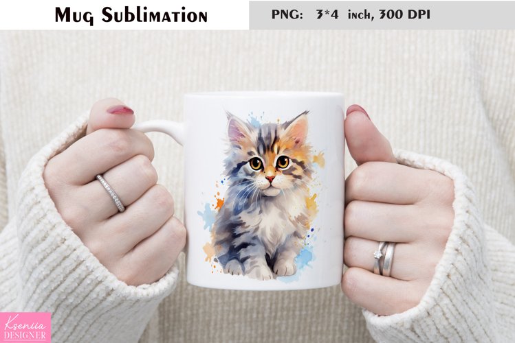 Watercolor Cat Mug Sublimation|Cartoon Animal Mug Design