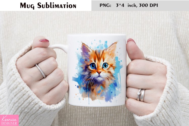 Watercolor Cat Mug Sublimation|Cartoon Animal Mug Design