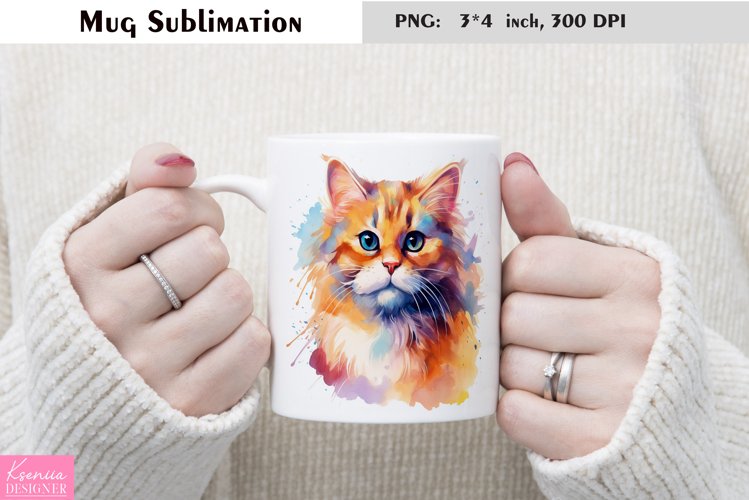 Watercolor Cat Mug Sublimation|Cartoon Animal Mug Design