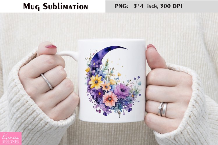 Watercolor Flower Mug Sublimation|Moon Mug Design