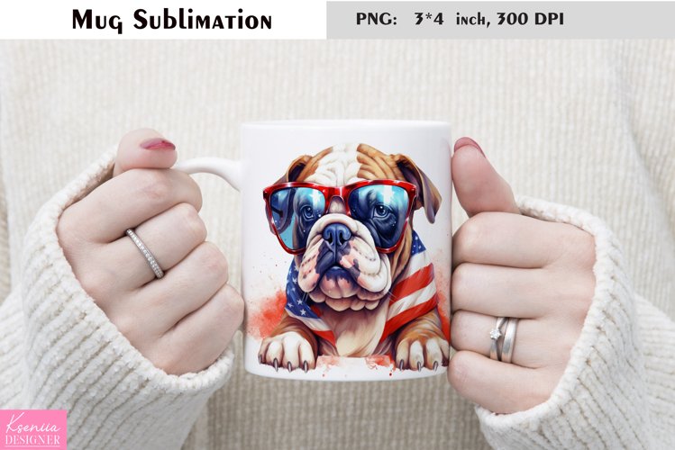 Watercolor Bulldog Mug Sublimation|Patriotic Dog