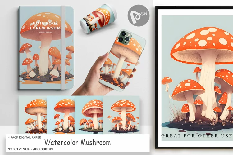 Digital Paper Watercolor Mushroom