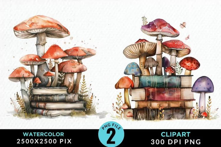 Watercolor Mushroom Books Illustration Clipart