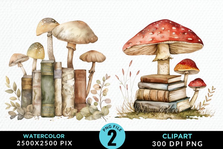 Watercolor Mushroom Books PNG Set Clipart