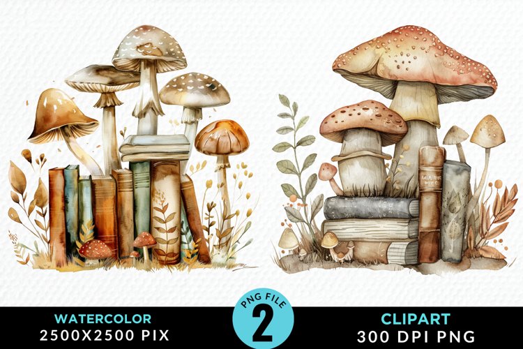 Watercolor Mushroom Books Illustration Clipart