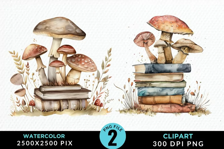 Watercolor Mushroom Books Illustration Clipart