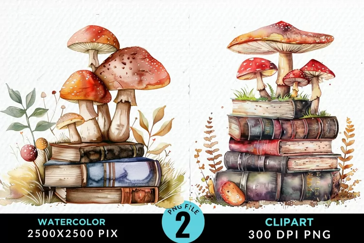 Watercolor Mushroom Books Illustration Clipart