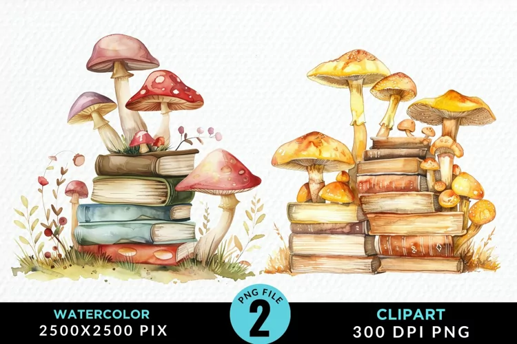 Watercolor Mushroom Books Illustration Clipart
