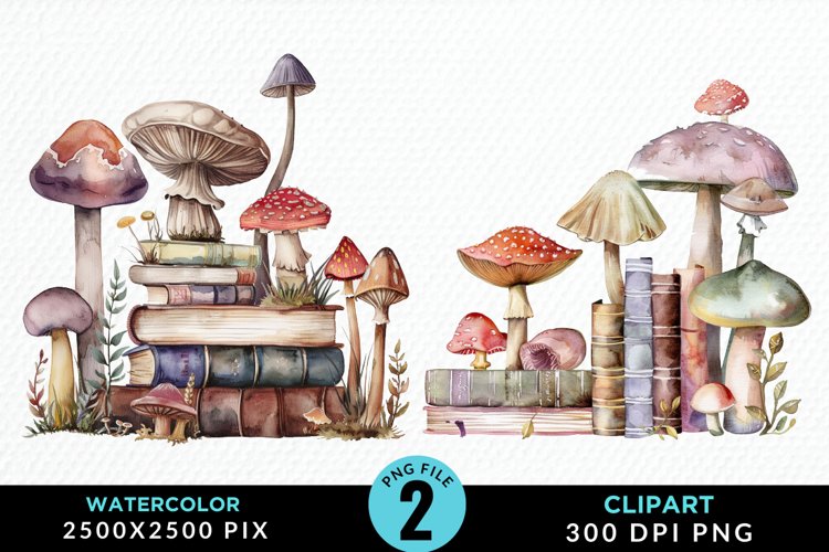 Watercolor Mushroom Books PNG Set Clipart