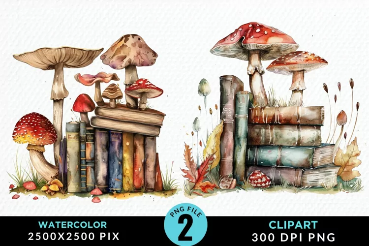 Watercolor Mushroom Books Illustration Clipart