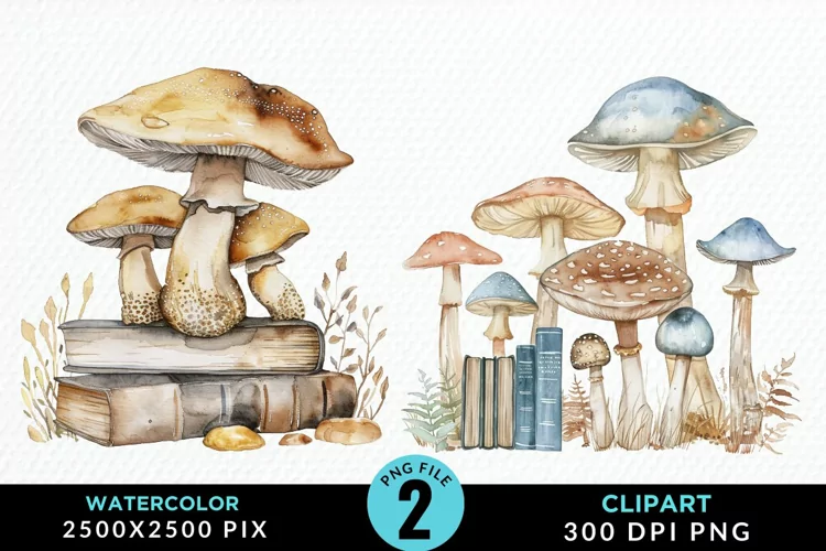 Watercolor Mushroom Books Illustration Clipart