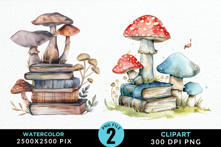 Watercolor Mushroom Books PNG Set Clipart