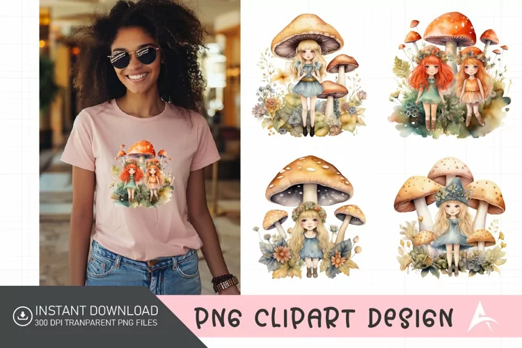 Watercolor Mushroom Fairies Clipart