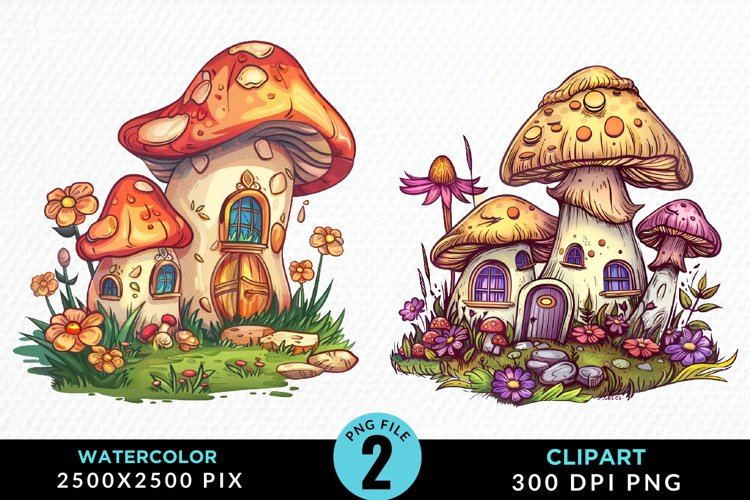 Watercolor Mushroom House PNG Set Clipart