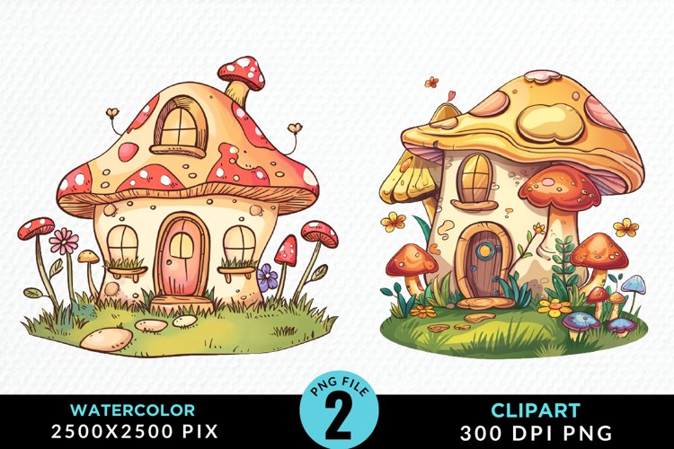 Watercolor Mushroom House PNG Set Clipart