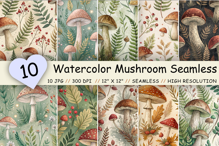 Watercolor Mushroom Seamless Patterns, Woodland Forest