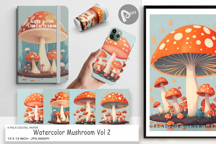 Digital Paper Watercolor Mushroom