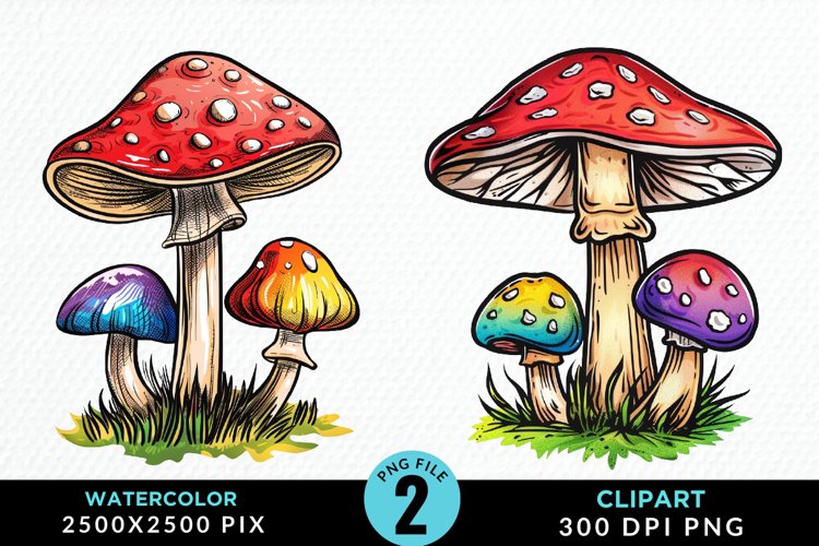 Watercolor Mushrooms PNG Set Clipart