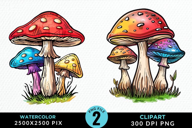 Watercolor Mushrooms PNG Set Clipart