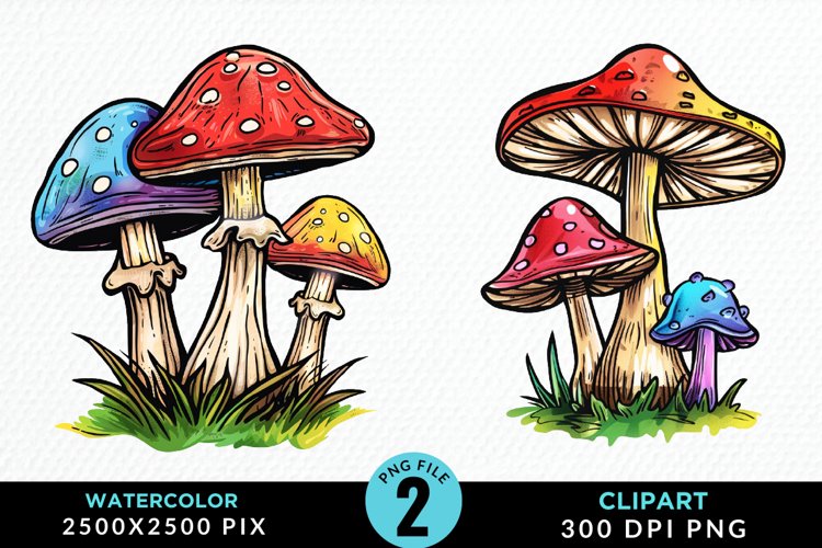 Watercolor Mushrooms PNG Set Clipart