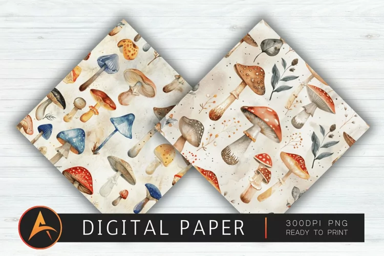 Watercolor Mushrooms Digital Paper PNG