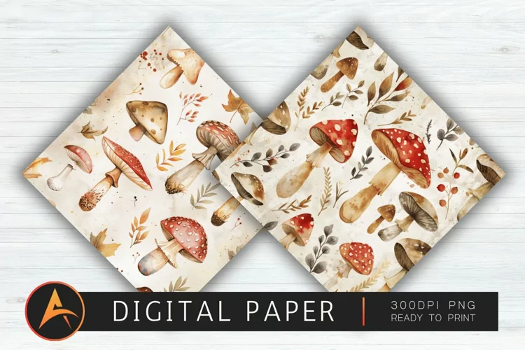Watercolor Mushrooms Digital Paper PNG