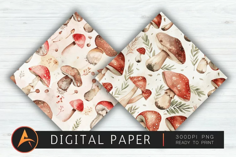 Watercolor Mushrooms Digital Paper PNG